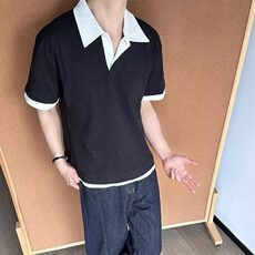 CP1234-P49日系复古假两件撞色翻领短袖polo衫宽松休闲慵懒半袖T，男装T恤，电商B323A