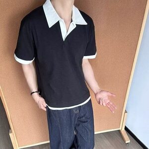 CP1234-P49 日系复古假两件撞色翻领短袖polo衫宽松休闲慵懒半袖T图片