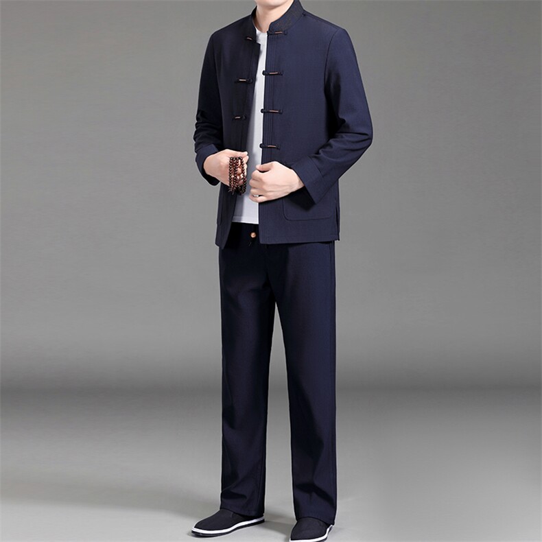 秋季中年男士唐装长袖套装爸爸风衣服中老年休闲汉服男装图片