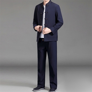 秋季中年男士唐装长袖套装爸爸风衣服中老年休闲汉服男装图片
