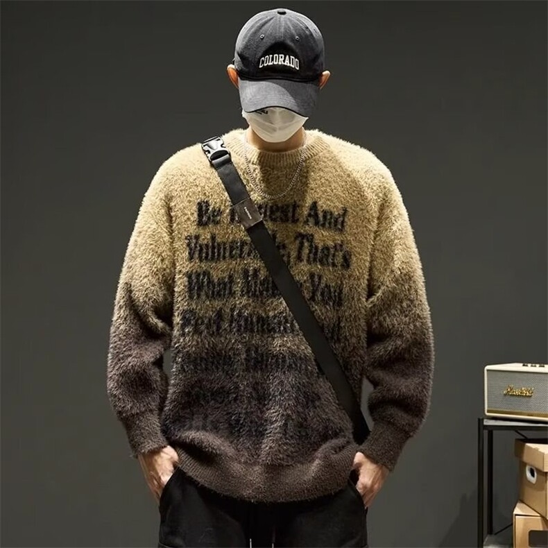水貂毛设计感渐变针织衫男秋宽松软糯毛衣上衣条纹撞色MY228P56,男装针织衫/毛衣,星座1013-5