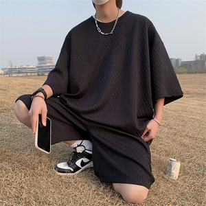 TZ85355/P60夏季提花新款短袖短裤t恤休闲宽松大码两件套套装男图片