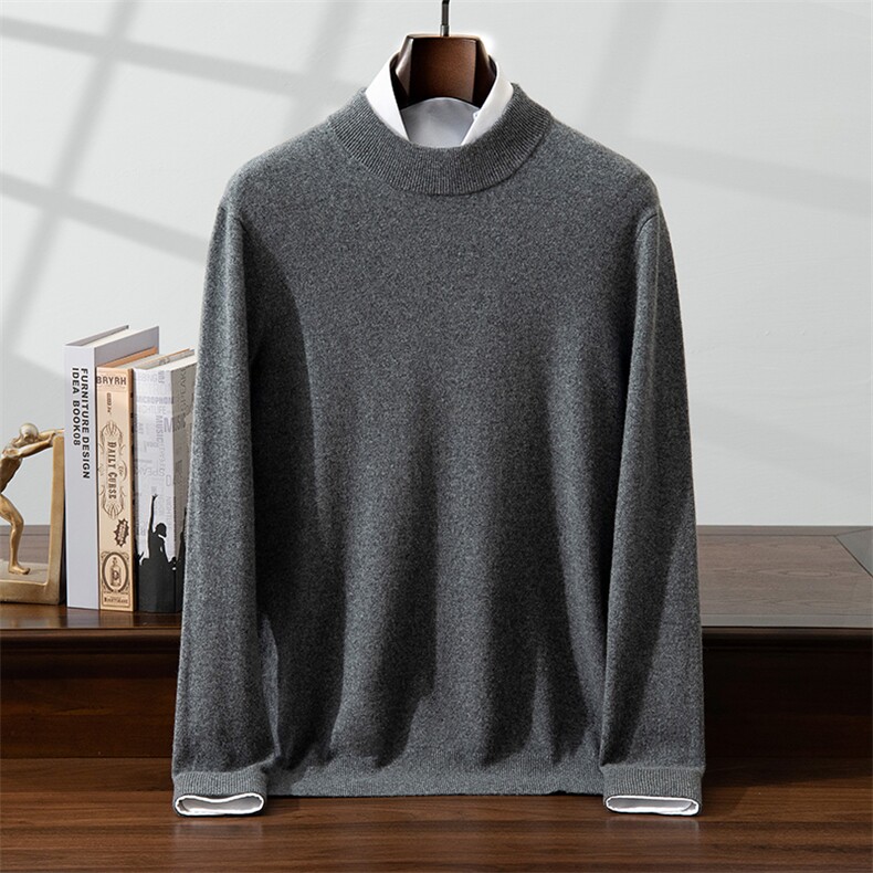 男士圆领套头长袖毛衣纯棉线打底针织衫百搭宽松商务休闲线衫上衣，男装羊绒套衫，启东羊绒