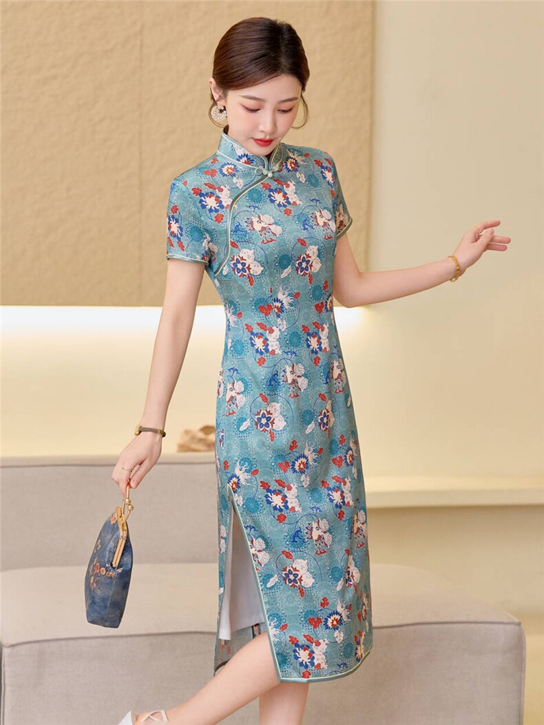 杭州品质真丝长裙复古印花连衣裙女春夏日常修身潮流真丝旗袍,女装汉服/婚纱/旗袍/礼服,小荷流