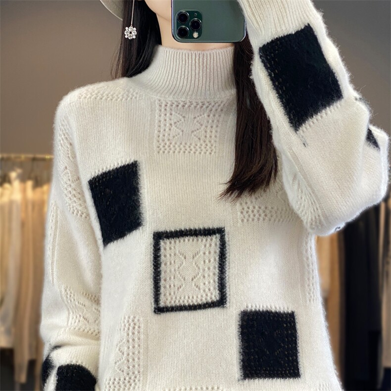 2024秋冬季新款半高领拼色几何图形宽松外穿女短款羊毛衫,女装羊毛衫,迅太羊绒
