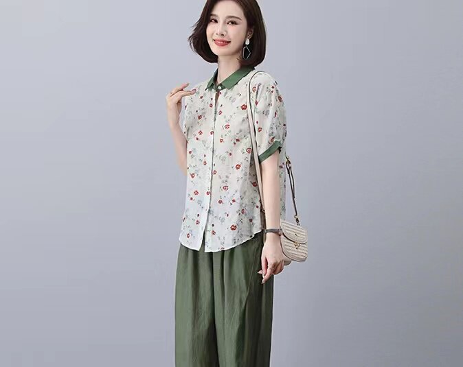 高端苎麻碎花套装纯亚麻上衣女装2025年新款夏季妈妈装棉麻两件套,女装套装/套裙,凝聚力