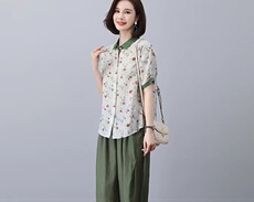 高端苎麻碎花套装纯亚麻上衣女装2025年新款夏季妈妈装棉麻两件套，女装套装/套裙，凝聚力
