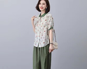高端苎麻碎花套装纯亚麻上衣女装2025年新款夏季妈妈装棉麻两件套图片