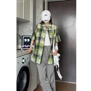 抖音夏装男士泼墨扎染时尚格子短袖衬衫休闲衬衣 CS800-特P35图片
