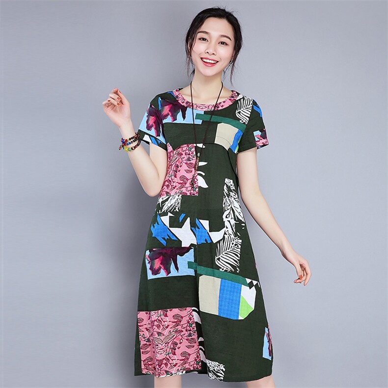常规套头宽松腰圆领碎花连衣裙A型2021年夏季短袖长裙绣花,女装连衣裙,丽影随形