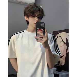 抖音得物高品质二开240克宽松纯棉美式潮牌三条杠织带短袖T恤图片