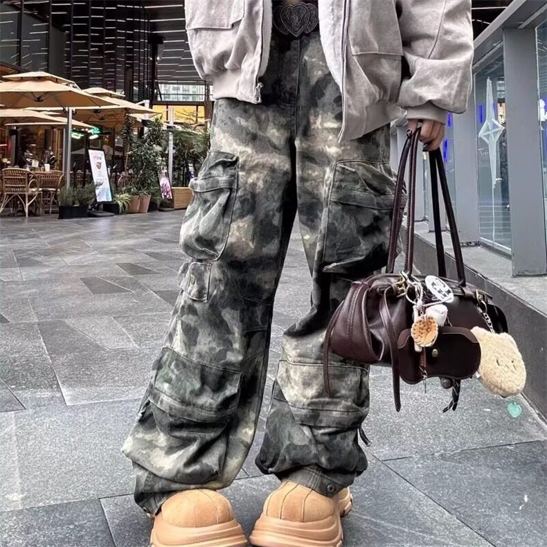 美式高街迷彩多口袋复古工装裤男女春秋季直筒修身显瘦微喇休闲裤，女装牛仔裤，星座506A