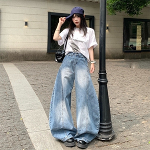 美式宽松阔腿水洗做旧弯刀蓝牛牛仔裤廓形垂感休闲百搭图片