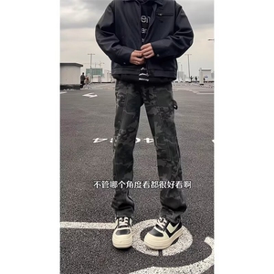 抖音得物美式复古迷彩微喇工装裤男款vibe高街裤子修身牛仔裤AK11图片