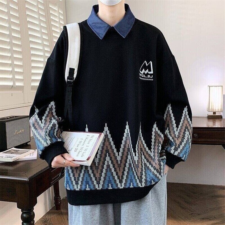 W25209-特P50假两件卫衣男款春秋季衬衫领打底衫宽松帅气套头衫,男装卫衣,电商D310B