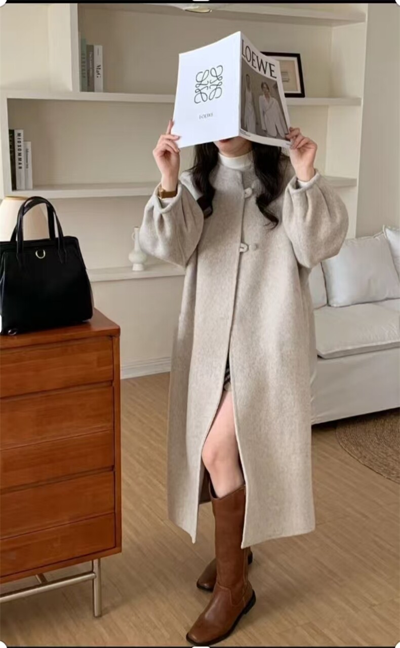 赫本风绵羊毛双面毛呢外套女中长款灯笼袖排扣大衣高级感，女装双面呢大衣，依嘟服饰