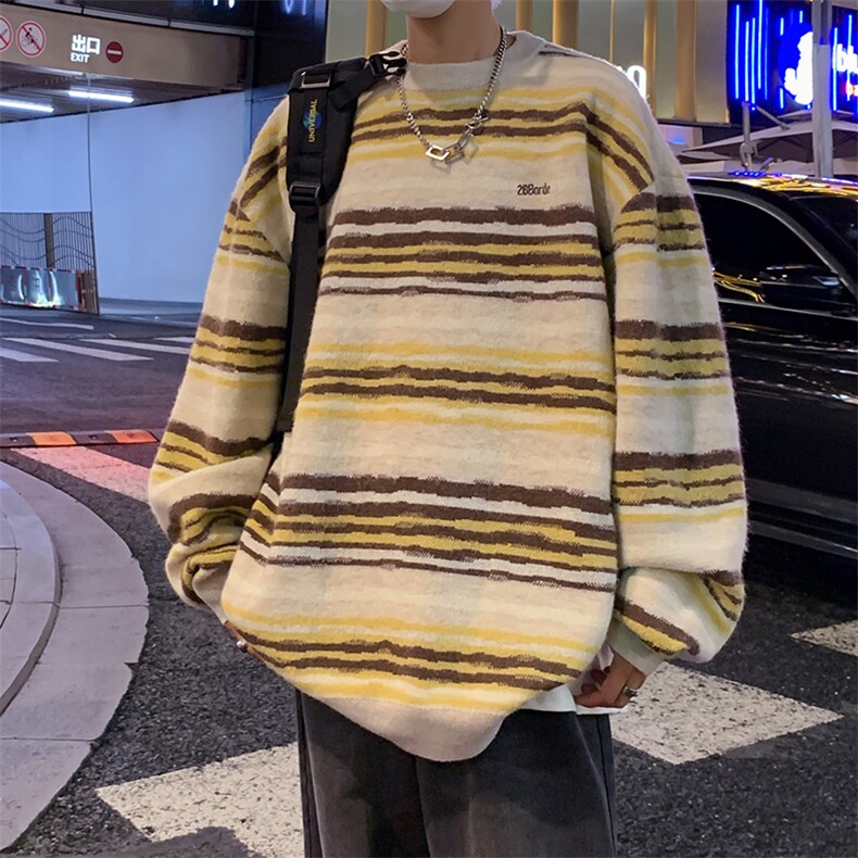 潮牌秋季情侣街头嘻哈宽松休闲彩色条纹外套毛衣NY05603-P52,男装针织衫/毛衣,星座308B-1