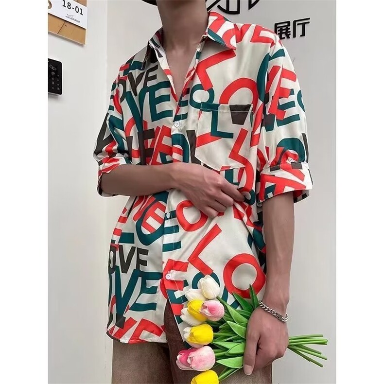 夏季印花短五分衬衫男美潮休闲痞帅慵懒衬衣宽松CS619-P32,男装衬衫,星座1109-3
