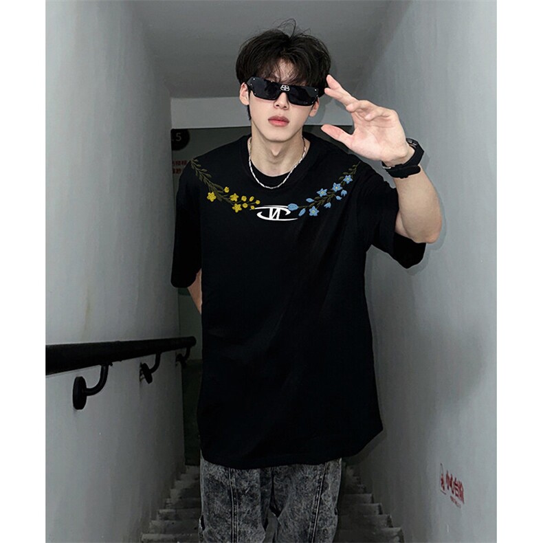 万针全刺绣解构设计260克重磅双纱纯棉高品质美式高街短袖T恤特33，男装T恤，电商A486-1