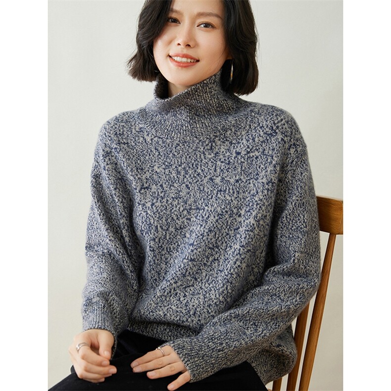 时尚高领宽松羊绒衫粉色花纱加厚保暖毛衣,女装羊绒衫,迎冬羊绒