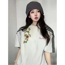 抖音得物品质二开240克宽松纯棉美式潮牌印花三条杠中性风短袖T恤，男装T恤，电商A486