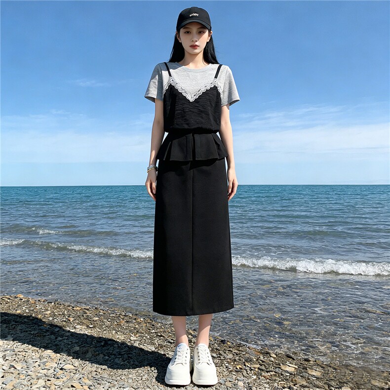 韩版休闲时尚运动套装女夏款蕾丝吊带拼接上衣开叉半身长裙两件套，女装套装/套裙，江南