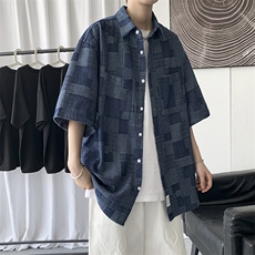 牛仔短袖衬衫男宽松复古五分袖ins港风休闲格子衬衣外套C111-P48，男装衬衫，星座1116A-1（原606A）