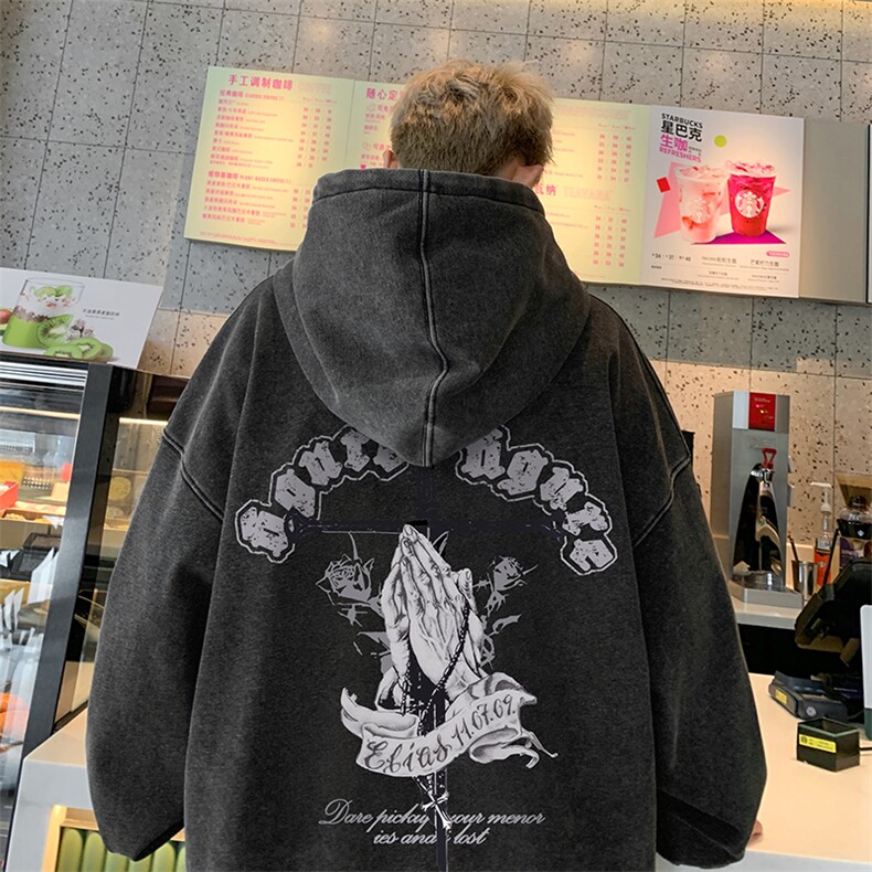 得物抖音高品质二开 360克重磅做旧炒雪花纯色连帽水洗卫衣 16022图片