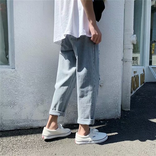 春夏坠感阔腿破洞牛仔裤男潮流直筒宽松裤子痞帅韩版百搭CN60-P35图片