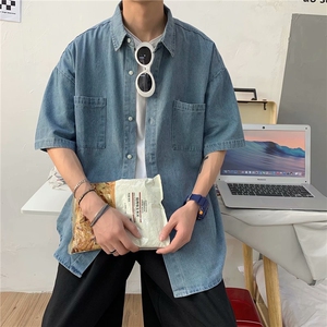 港风复古牛仔衬衫男2024夏新款短袖衬衣青少年休闲工装外套~C505图片