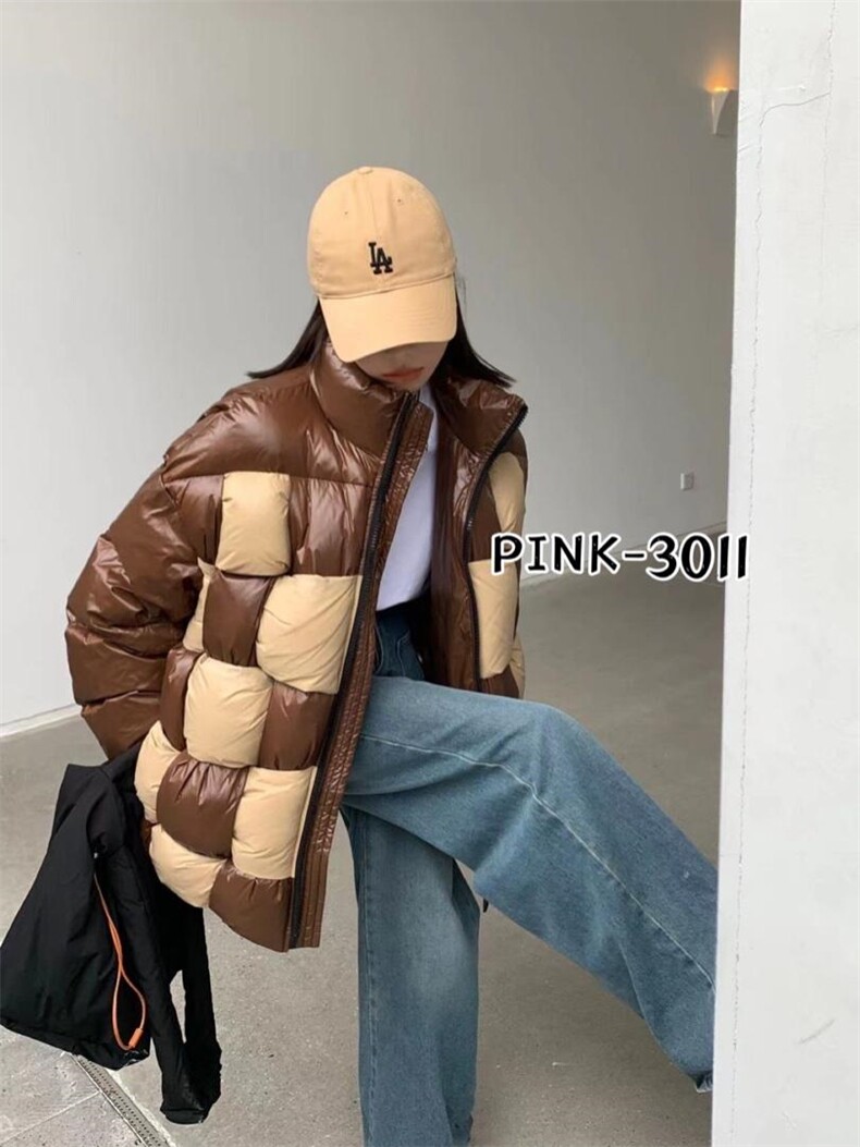 撞色格子拼接、90白鸭绒，其它，PINK