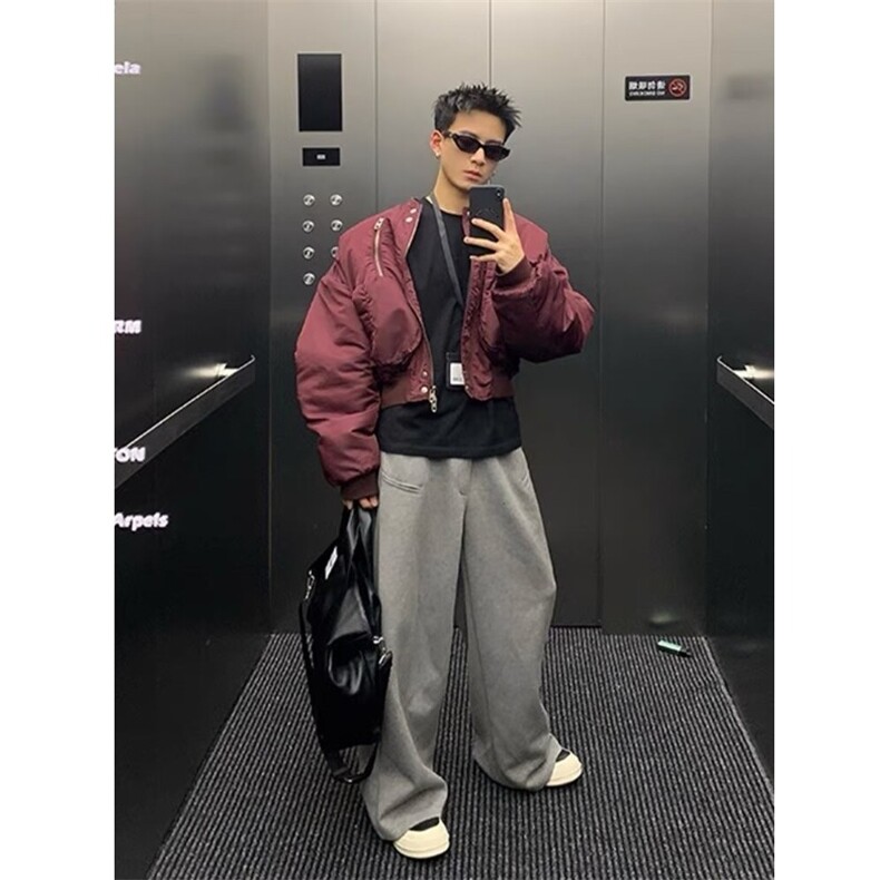 现货DHT148-批85酒红色短款飞行员夹克棉服男美式外套图片