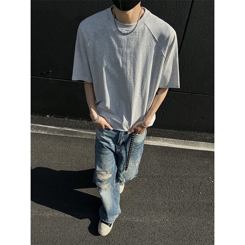 得物抖音高品质260克重磅宽松纯棉纯色双纱牛角插肩袖短袖T恤DT22,男装T恤,电商A486-1