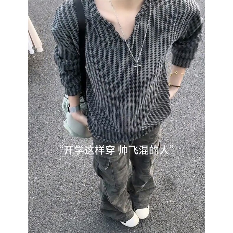 美式高街千鸟格子长袖T恤男女亨利V领英伦雅痞休闲宽松长袖打底衫，男装T恤，电商A486