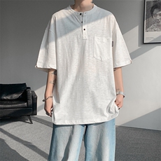8XL-M亨利领亚麻短袖t恤男弹力大码宽松半袖开衩设计体恤DT002P45，男装T恤，电商B312