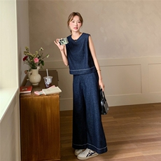 蓝色复古牛仔套装女2025夏季新款韩系松弛感休闲马甲阔腿裤两件套，女装套装/套裙，2C159