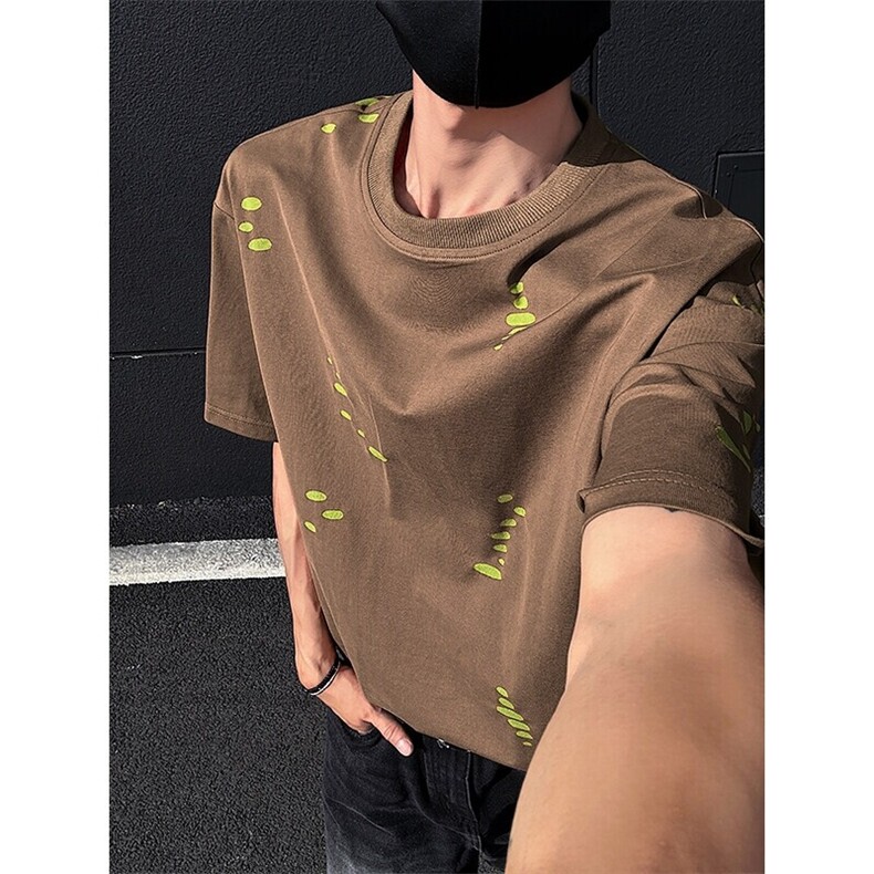 特批P30无差价夏季破洞撞色镂空烧花潮流大码短袖T恤上衣男T5173,男装T恤,电商A001