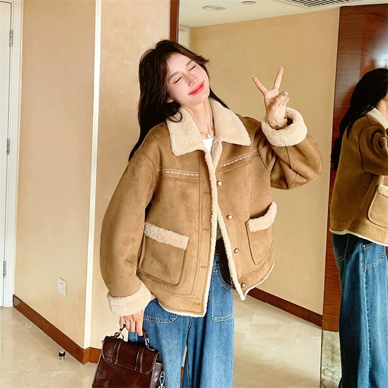 加绒保暖皮毛一体上衣女冬刺绣麂皮绒超好看羊羔毛短外套，女装短外套，浙宝106