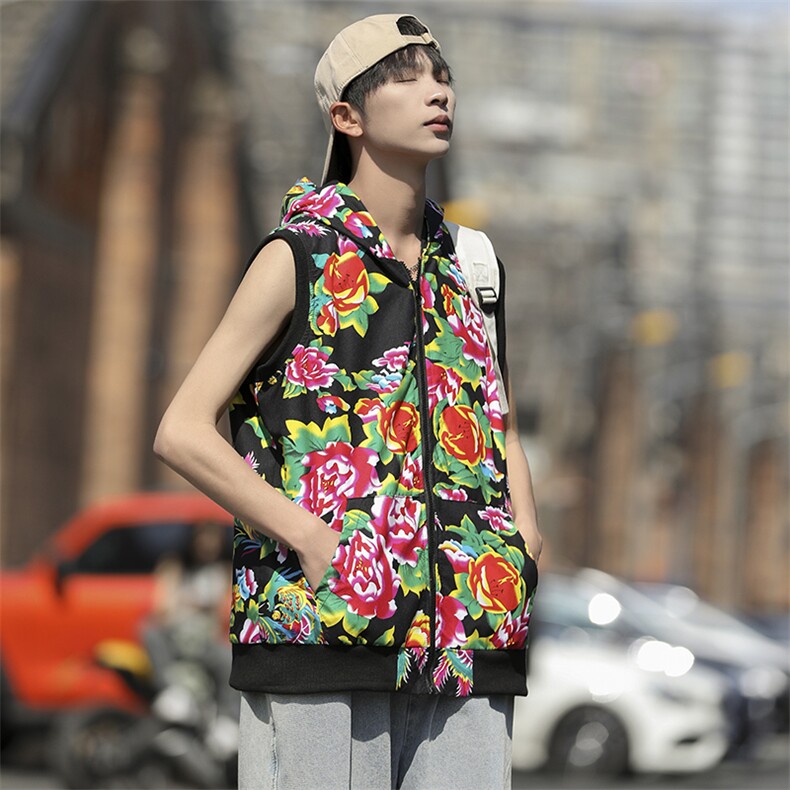 B02东北大花连帽拉链大码风汉服民族特色马甲背心坎肩潮男女，男装背心/马甲，星座115A(原星座507）