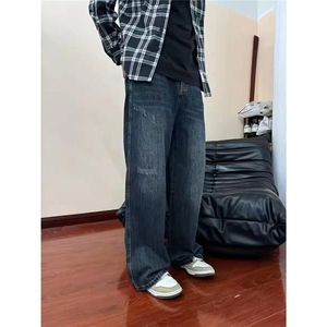 新款美式复古做旧水洗休闲直筒牛仔裤男宽松阔腿长裤子 NA315图片