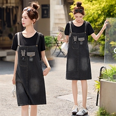 夏季新款时尚休闲背带裙子洋气收腰显瘦小个子假两件牛仔连衣裙女，女装牛仔裙，蓝诺裳