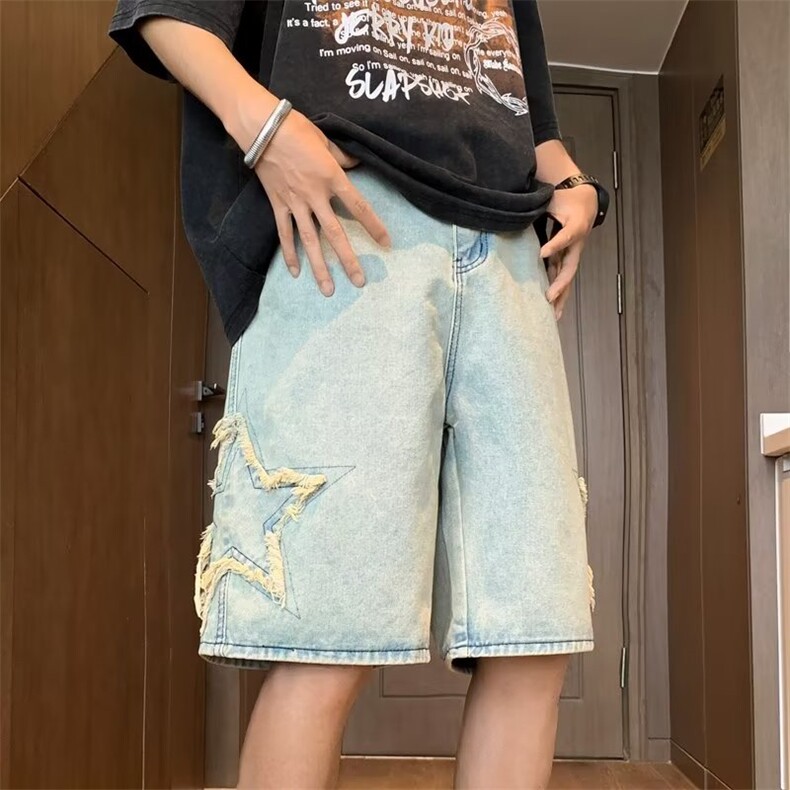 美式星星牛仔短裤男夏季毛边裤子宽松阔腿情侣五分中裤D3098-P38,男装牛仔裤,星座1008