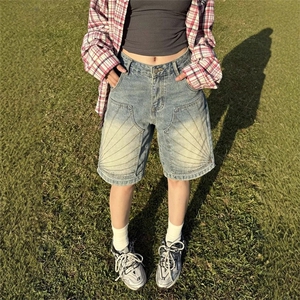 美式复古宽松水洗牛仔短裤男女街头做旧阔腿五分裤潮KA1118-P40图片