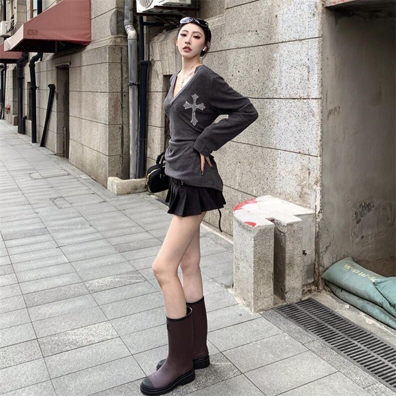 2025秋季新款女装灰色v领长袖t恤女大码胖mm修身系带收腰打底上衣,男装T恤,星座1210-1
