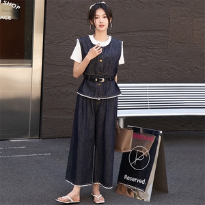 BAO高端2025早春新款宽松显瘦休闲拼蕾丝系腰带阔腿裤牛仔套装女图片