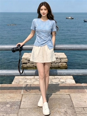 女夏新款时尚减龄套装圆领侧绑带晕染设计短袖上衣蕾丝短裤两件套，女装套装/套裙，江南