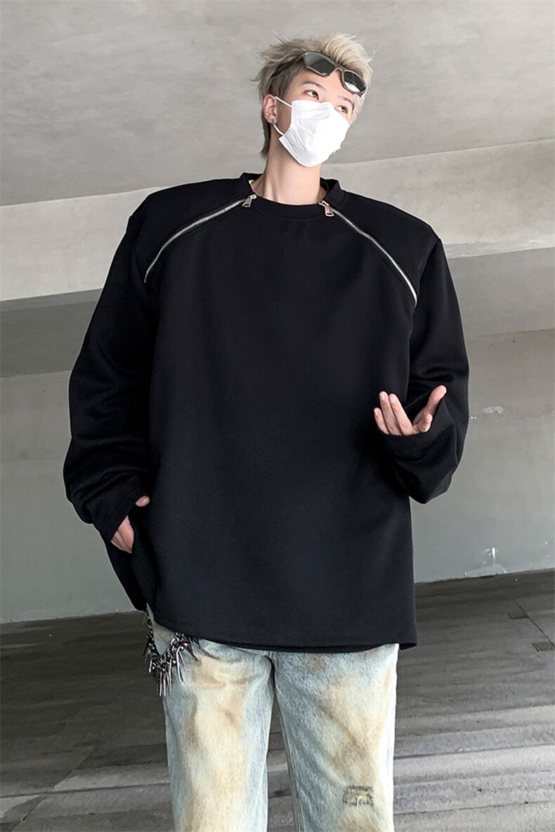 美式复古高街拉链设计感宽松垫肩圆领卫衣男女上衣-WY2412-P68,男装卫衣,电商B289