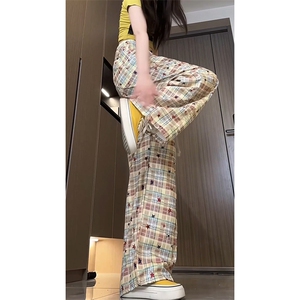 A797-特P40 现货 格子裤弯刀拼接休闲裤送KT猫公仔挂坠和腰绳图片