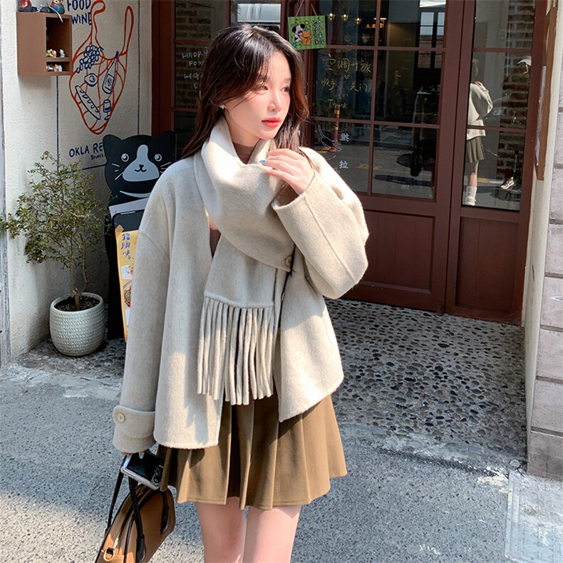 韩版保暖围脖双面羊绒呢子大衣女2025秋冬季新款显瘦短款毛呢外套,女装双面呢大衣,蝶眷