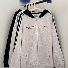 美式潮条纹织带开衫连帽卫衣男春秋情侣宽松休闲外套WYK109P48，女装短外套，星座1013-5